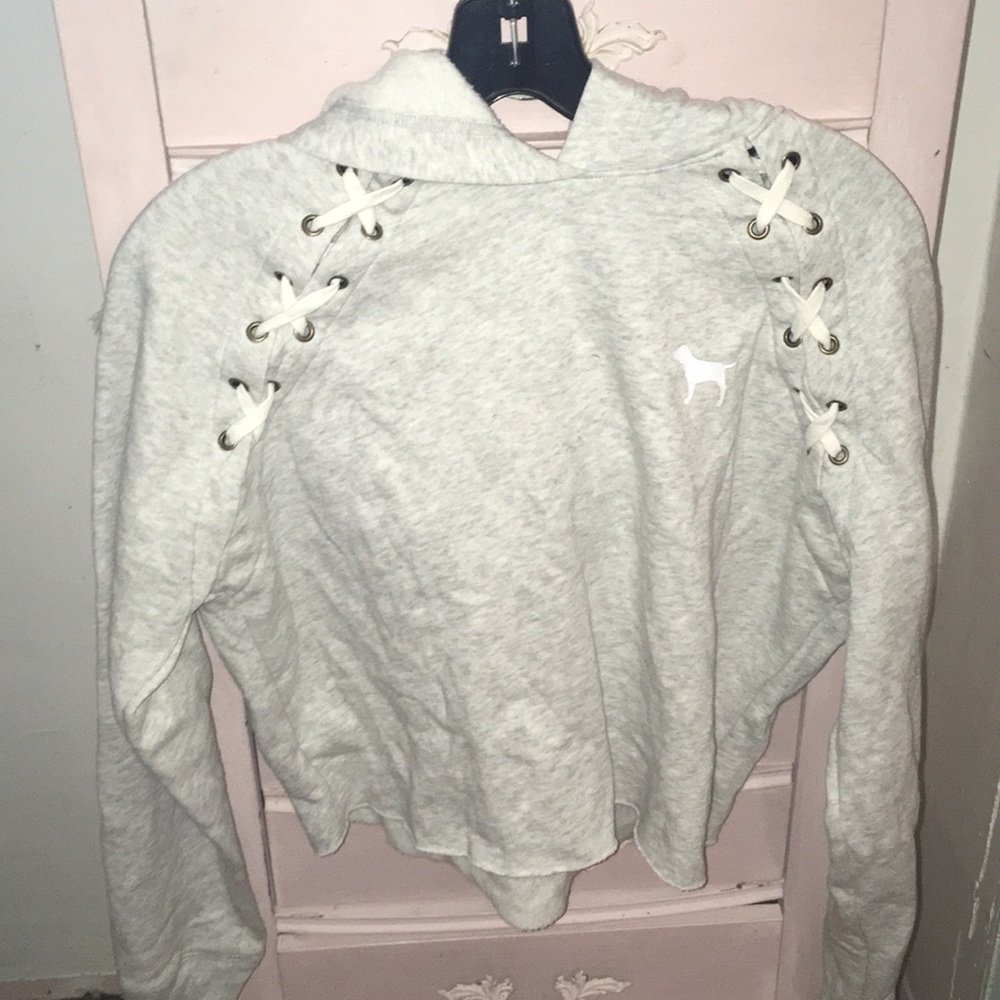 PINK heather grey crop top hoodie